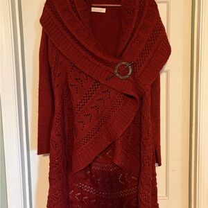 Orage Red Open-Front Knit Cardigan with Shawl Collar
